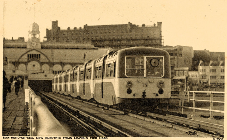 Southend Pier Electric Train near entrance Post card Copyright: William George