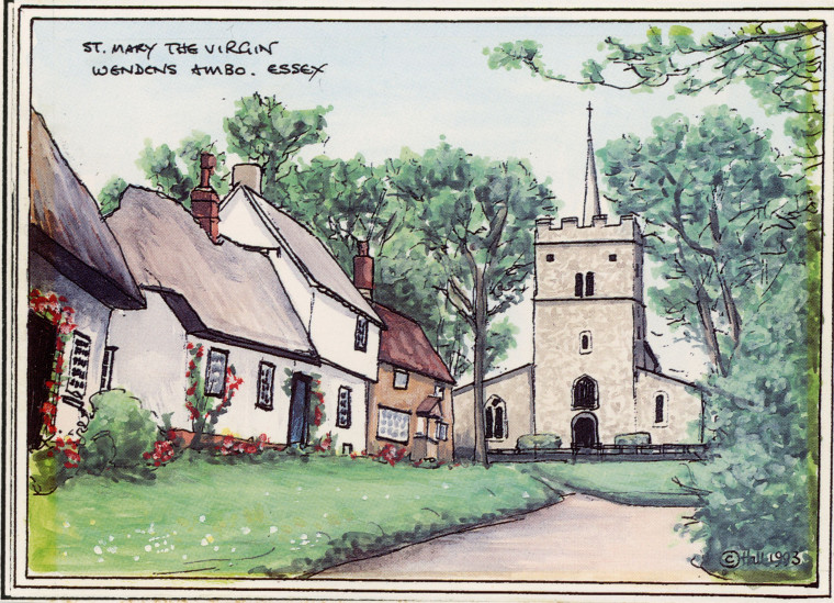 Wendens Ambo Church and Cottages Print 1993 Copyright: Hall