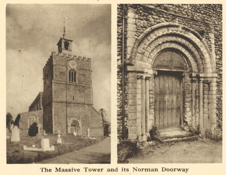 Finchingfield Church Tower and Doorway Arthur Mee 1942 Copyright: Arthur Mee 1942