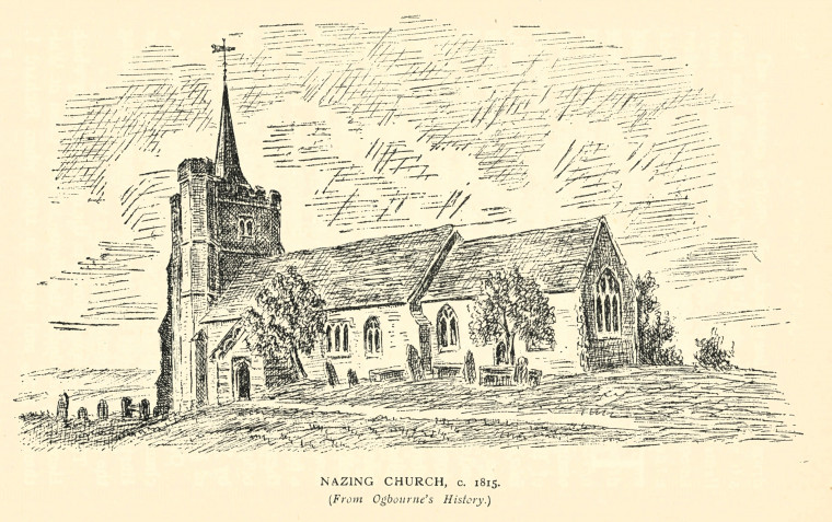 Nazing Church Sketch Fisher 1922 Copyright: Harlow Deanery H L Fisher 1928