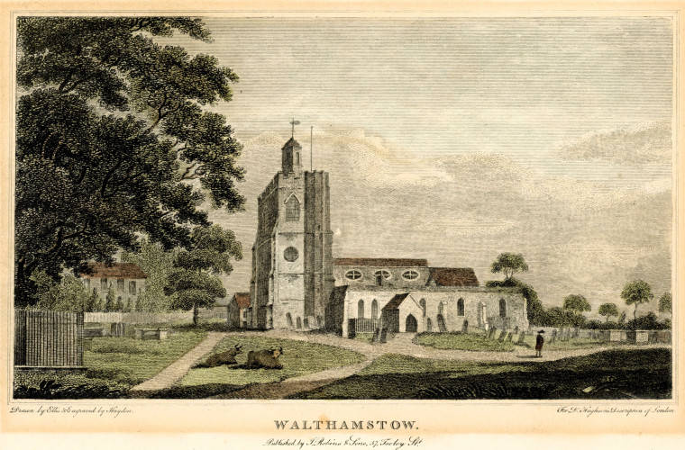 Walthamstow Church hand tinted engraving 1805 Copyright: Dr Hughson