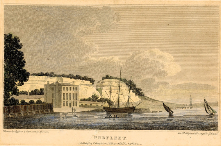 Pufleet Chalk Cliff from Thames coloured print 1807 Copyright: Gyfford engraved by Sparrow for Hughson  London