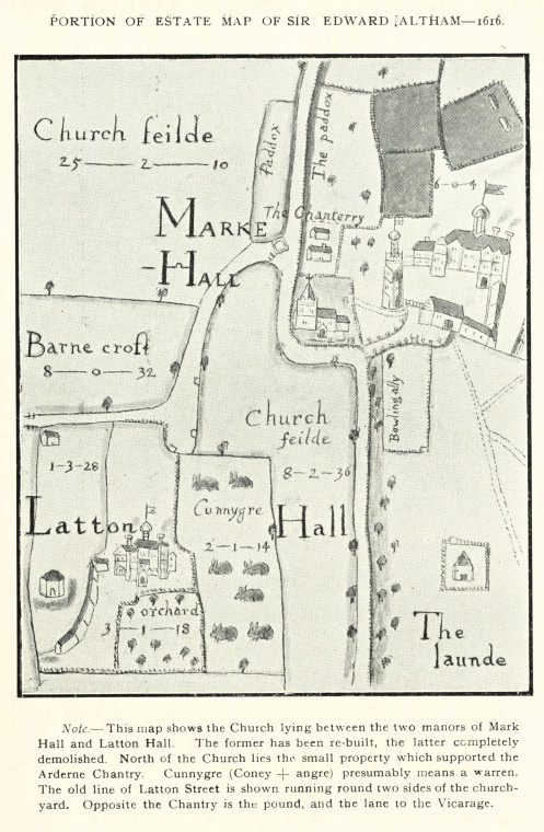 Latton 1616 Estate Map Altham Fisher 1922 Copyright: Harlow Deanery H L Fisher 1922