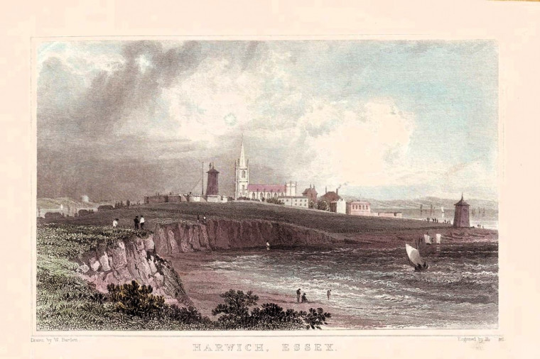 Harwich engraving showing cliffs about 1830 Copyright: William George