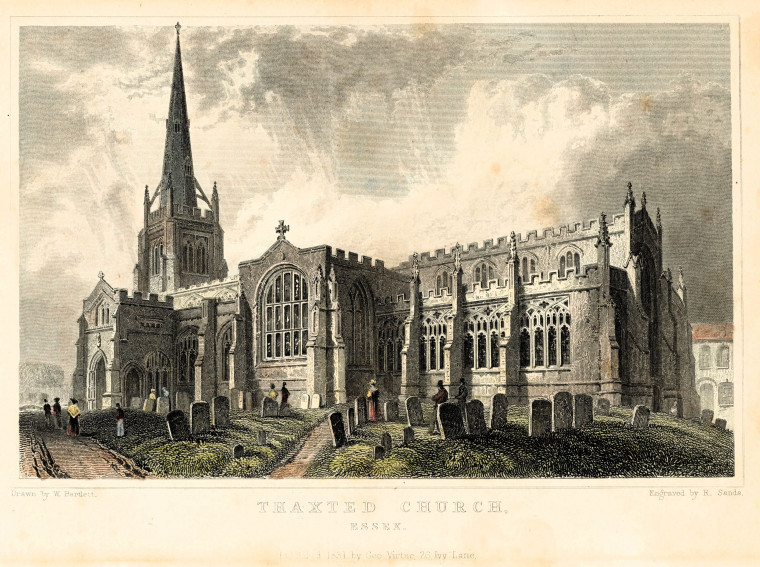 Thaxted Church hand tinted engraving 1831 Copyright: William Bartlett