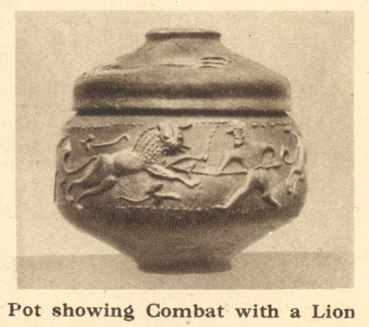 Colchester Roman Pot showing Lion Combat Arthur Mee 1942 Copyright: Arthur Mee 1942