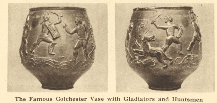 Colchester Roman Vase showing Gladiators and Huntsmen Copyright: Arthur Mee 1942