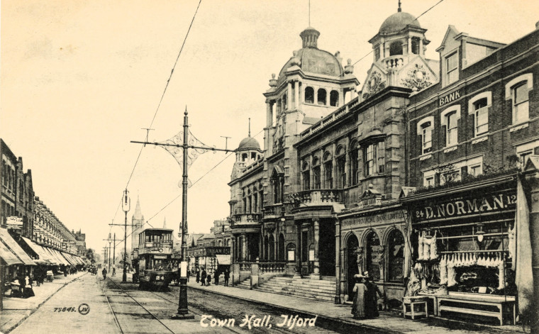 Ilford Town Hall with shops Post Card Copyright: Post Card