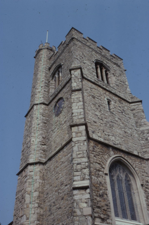 Leigh Church tower August 1982 Copyright: Roger Payne