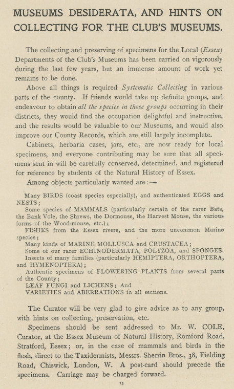 Essex Field Club Museum Desiderata 1905 Copyright: Essex Field Club Year Book 1905 to 1906