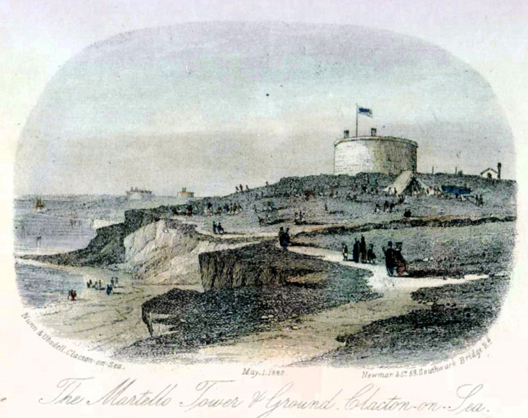 Clacton Cliffs with Martello Tower about 1880 Copyright: William George