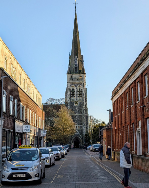 Brentwood St Thomas Church from High Street 2 January 2025 Copyright: William George