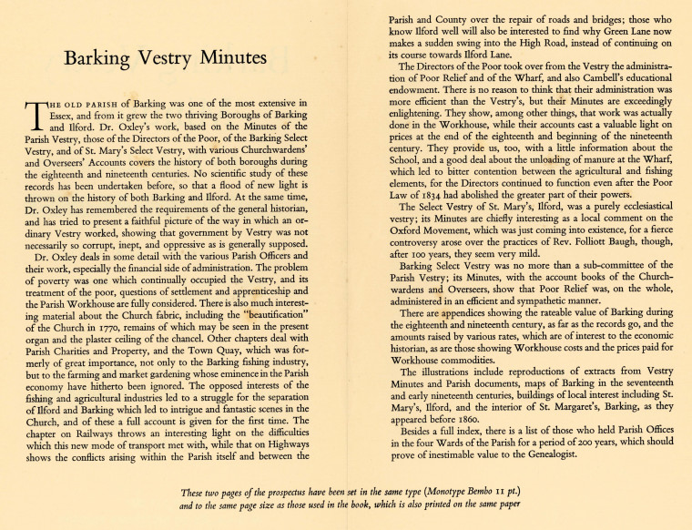 Barking Vestry Minutes Flyer Text J E Oxley 1955 Copyright: Barking Vestry Minutes J E Oxley 1955