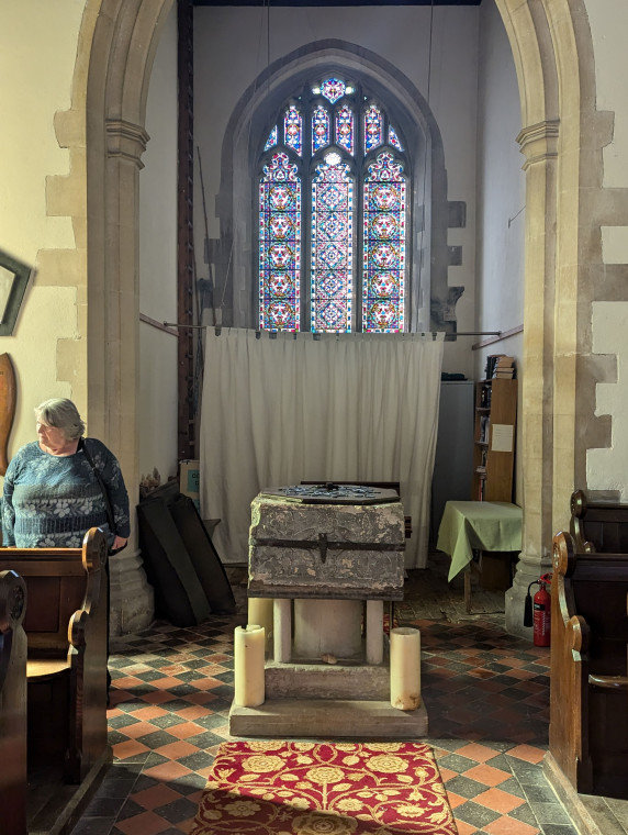 Abbess Roding Church Font west end 17th September 2024 Copyright: William George