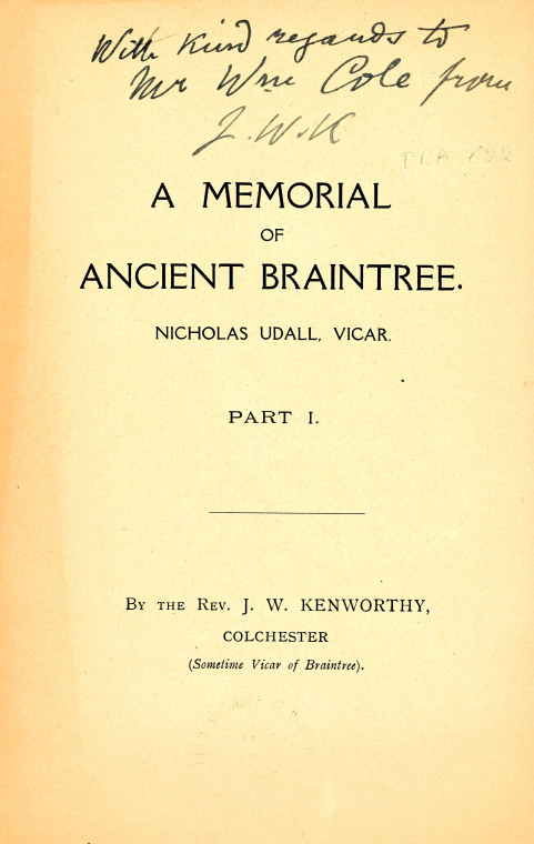 Braintree Memorial Title Page J W Kenworthy Copyright: J W Kenworthy