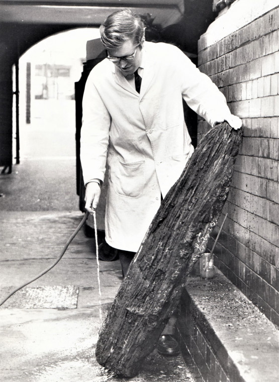 Fossil Log from Woodford being cleaned by G R Ward -1 Copyright: Ilford Recorder (1 May 1974)