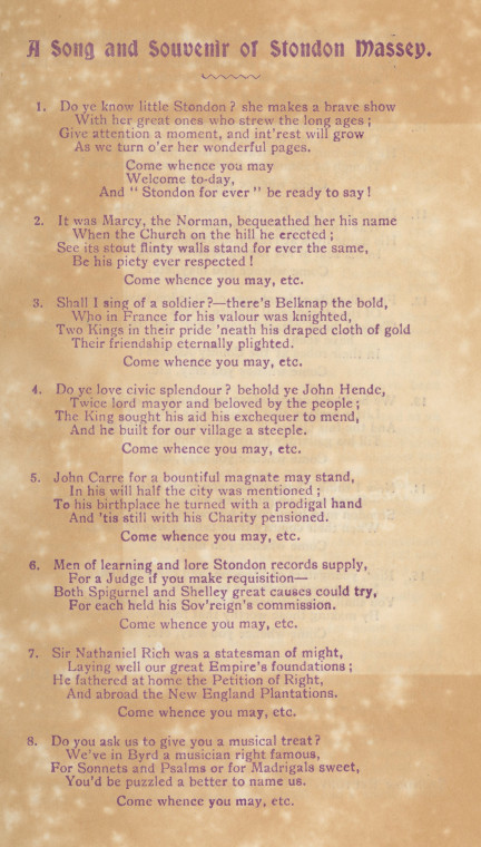 Stondon Massey Song and Souvenir Copyright: E H L Reeve Stondon Massey 1900