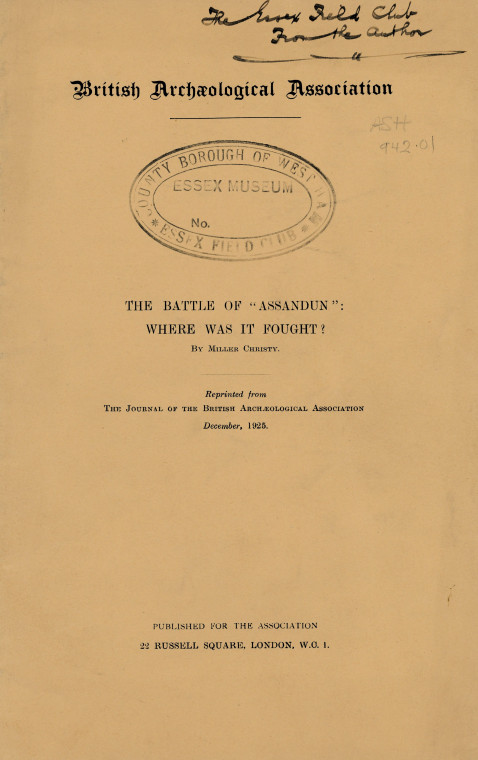 Title Page Battle of Assandun Miller Christy 1925 Copyright: Miller Christy Battle of Assandun BAR 1925