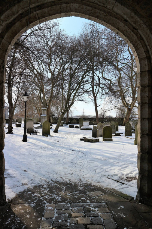 Barking Curfew Tower Arch View in snow 2 Copyright: William George