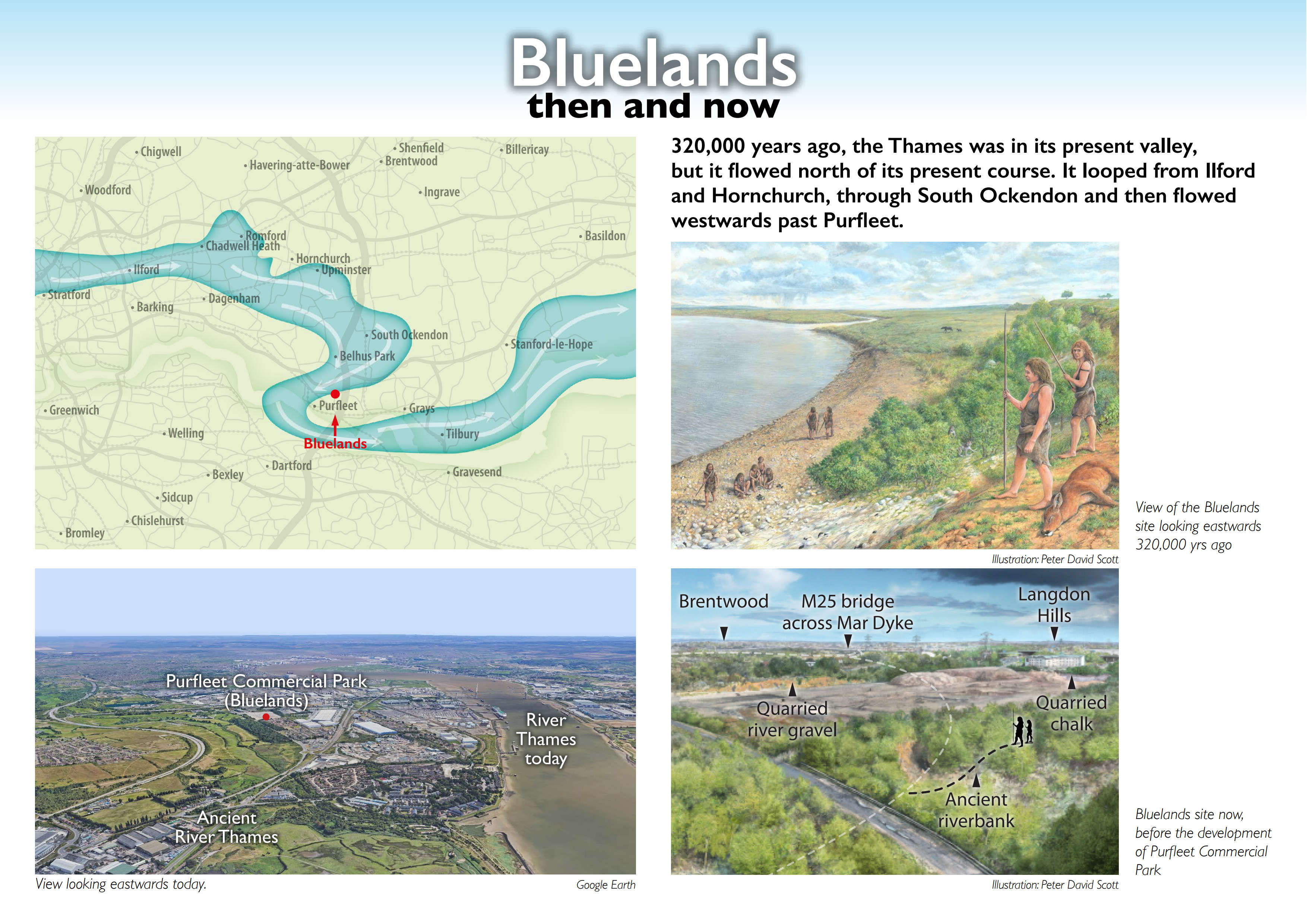 Bluelands Purfleet Grays Hornchurch Tilbury South Ockendon Belhus Park Gravesend Basildon Barking Ilford Stratford Dagenham Stanford-le-Hope Upminster Bexley Bromley Chislehurst Sidcup Welling Greenwich Woodford Chigwell Ingrave Billericay Romford Chadwell Heath Havering-atte-Bower Dartford Brentwood Shenfield Bluelands. Ancient River Thames. Purfleet Commercial Park (Bluelands). River Thames today. Langdon Hills. Brentwood. M25 bridge across Mar Dyke. Quarried river gravel. Ancient riverbank. Quarried chalk. View looking eastwards today. View of the Bluelands site looking eastwards 320,000 yrs ago. Bluelands site now, before the development of Purfleet Commercial Park 320,000 years ago, the Thames was in its present valley, but it flowed north of its present course. It looped from Ilford and Hornchurch, through South Ockendon and then flowed westwards past Purfleet. Illustration: Peter David Scott.